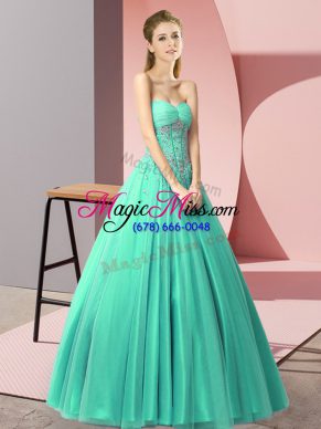 Graceful Turquoise Sleeveless Floor Length Beading Lace Up Evening Dress