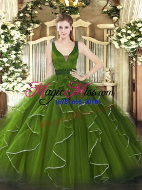 Sleeveless Tulle Floor Length Lace Up Vestidos de Quinceanera in Olive Green with Beading and Ruffles
