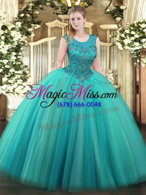 Best Selling Turquoise Ball Gowns Beading 15 Quinceanera Dress Zipper Tulle Sleeveless Floor Length