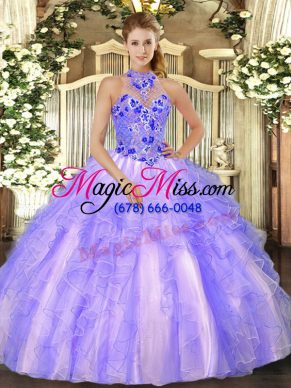 Customized Lavender Lace Up Quince Ball Gowns Embroidery and Ruffles Sleeveless Floor Length