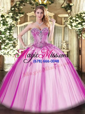 Stunning Fuchsia Sleeveless Beading and Appliques Floor Length 15th Birthday Dress