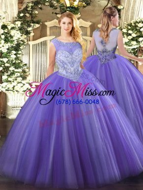 Glittering Lavender Tulle Zipper 15th Birthday Dress Sleeveless Floor Length Beading
