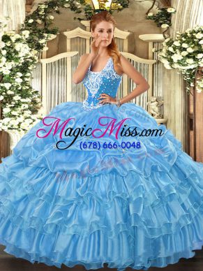 Baby Blue Organza Lace Up Straps Sleeveless Floor Length Vestidos de Quinceanera Beading and Ruffled Layers and Pick Ups