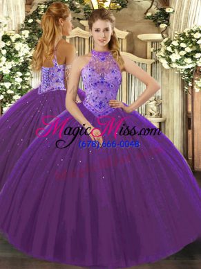 Beautiful Sleeveless Floor Length Beading and Appliques and Embroidery Lace Up Quinceanera Dresses with Purple