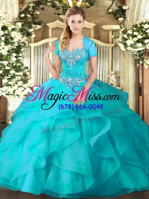 Floor Length Lace Up Sweet 16 Quinceanera Dress Aqua Blue for Military Ball and Sweet 16 and Quinceanera with Beading and Ruffles