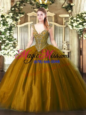 V-neck Sleeveless Lace Up Quince Ball Gowns Brown Tulle