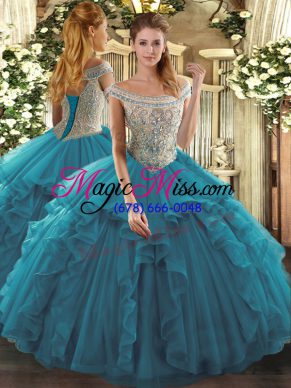 Teal Off The Shoulder Neckline Beading and Ruffles Quinceanera Dresses Sleeveless Lace Up
