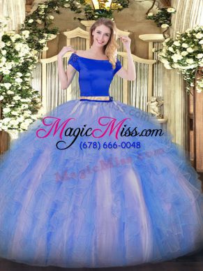 Glamorous Off The Shoulder Short Sleeves Zipper 15 Quinceanera Dress Blue And White Tulle