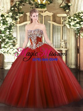 Simple Floor Length Wine Red Quince Ball Gowns Tulle Sleeveless Beading