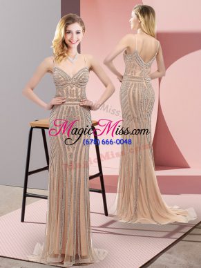 Champagne Prom and Party with Beading Spaghetti Straps Sleeveless Sweep Train Zipper