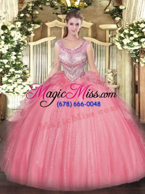 Graceful Sleeveless Floor Length Beading and Ruffles Lace Up Sweet 16 Dress with Watermelon Red