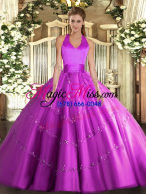 Customized Floor Length Ball Gowns Sleeveless Fuchsia Sweet 16 Dresses Lace Up