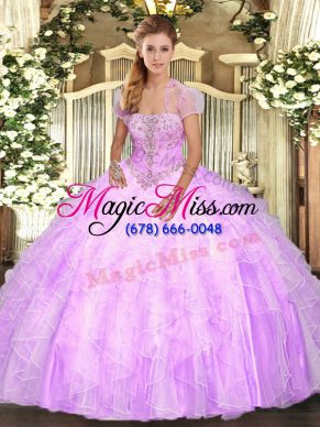 Strapless Sleeveless Quinceanera Dresses Floor Length Appliques and Ruffles Lilac Tulle