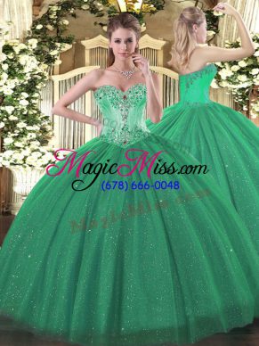 Elegant Sleeveless Tulle and Sequined Floor Length Lace Up Sweet 16 Quinceanera Dress in Turquoise with Beading