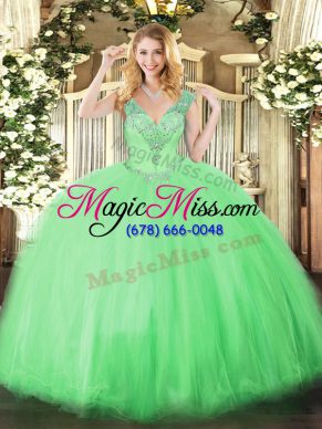 Best Selling Tulle V-neck Sleeveless Lace Up Beading Sweet 16 Dress in Apple Green