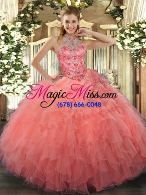 Hot Selling Watermelon Red Sleeveless Floor Length Beading and Embroidery Lace Up Quinceanera Gowns