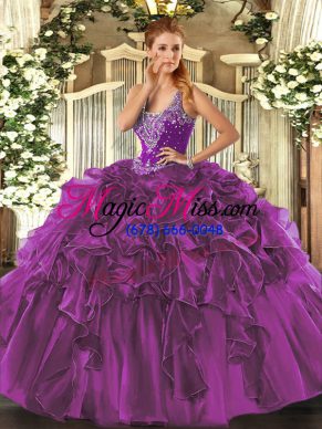Eggplant Purple Ball Gowns Organza Straps Sleeveless Beading and Ruffles Floor Length Lace Up Quinceanera Dress
