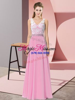 Inexpensive Floor Length Rose Pink Prom Dresses Chiffon and Lace Sleeveless Beading