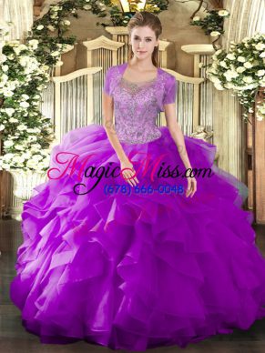 Floor Length Fuchsia 15th Birthday Dress Scoop Sleeveless Clasp Handle