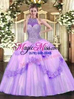 Latest Floor Length Lavender 15th Birthday Dress Halter Top Sleeveless Lace Up