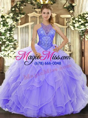 Lavender Quince Ball Gowns Military Ball and Sweet 16 and Quinceanera with Beading and Ruffles High-neck Sleeveless Lace Up