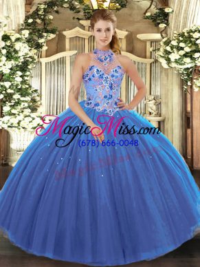 Dramatic Floor Length Blue Quince Ball Gowns Tulle Sleeveless Embroidery