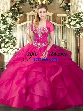 Hot Pink Ball Gowns Sweetheart Sleeveless Tulle Floor Length Lace Up Beading and Ruffles Quinceanera Gown