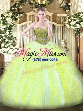Cheap Beading and Ruffles Ball Gown Prom Dress Yellow Green Lace Up Sleeveless Floor Length