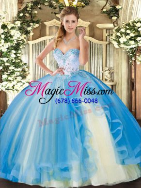 Elegant Baby Blue Sweetheart Neckline Beading and Ruffles Ball Gown Prom Dress Sleeveless Lace Up