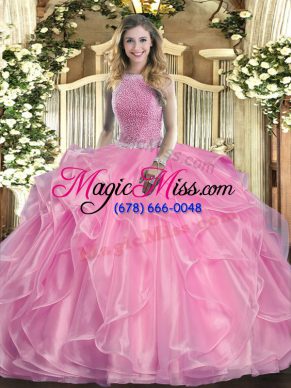 Glamorous Rose Pink Organza Lace Up High-neck Sleeveless Floor Length Sweet 16 Quinceanera Dress Beading and Ruffles
