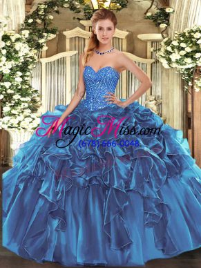 Enchanting Blue Ball Gowns Sweetheart Sleeveless Organza Floor Length Lace Up Beading and Ruffles Sweet 16 Dress