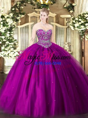 Fuchsia Quinceanera Dresses Military Ball and Sweet 16 and Quinceanera with Beading Sweetheart Sleeveless Lace Up