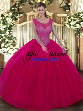 Hot Pink Scoop Backless Beading 15th Birthday Dress Sleeveless