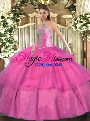 On Sale Hot Pink Sleeveless Beading and Ruffled Layers Floor Length Sweet 16 Dresses