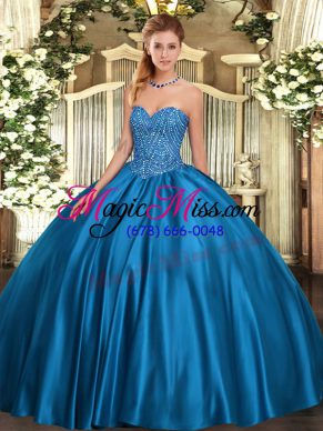 Most Popular Blue Sleeveless Beading Floor Length Quinceanera Dress