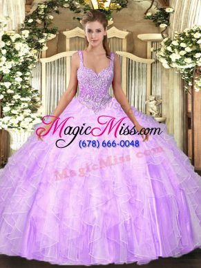 Straps Sleeveless Quinceanera Dresses Floor Length Beading and Ruffles Lilac Tulle