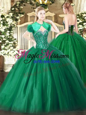 Best Selling Sweetheart Sleeveless Quince Ball Gowns Floor Length Beading Dark Green Tulle