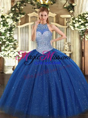 Deluxe Royal Blue Sleeveless Beading Floor Length Sweet 16 Dresses