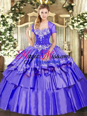 Inexpensive Purple Organza and Taffeta Lace Up Quince Ball Gowns Sleeveless Floor Length Beading and Ruffled Layers