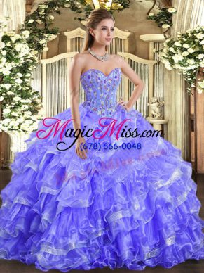 Embroidery and Ruffled Layers Ball Gown Prom Dress Lavender Lace Up Sleeveless Floor Length