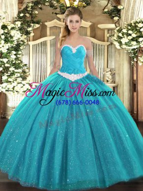 Luxury Tulle Sweetheart Sleeveless Lace Up Appliques Quinceanera Dresses in Teal