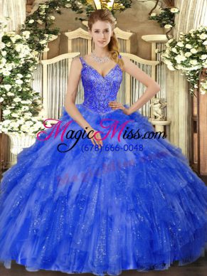 Hot Sale Sleeveless Tulle Floor Length Lace Up 15 Quinceanera Dress in Royal Blue with Beading and Ruffles