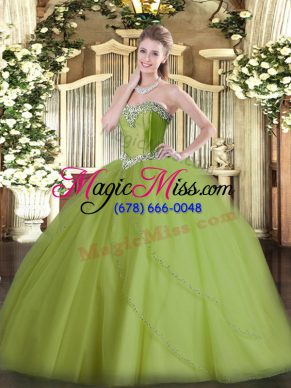 Lovely Olive Green Lace Up Sweet 16 Quinceanera Dress Beading Sleeveless Brush Train