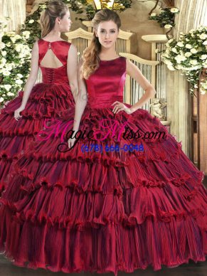 Simple Wine Red Organza Lace Up Scoop Sleeveless Floor Length Quince Ball Gowns Ruffled Layers