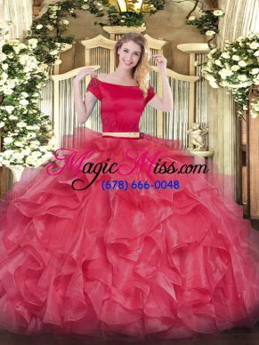 Eye-catching Floor Length Coral Red Quinceanera Dress Off The Shoulder Short Sleeves Zipper