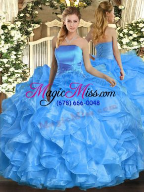 Baby Blue Sleeveless Floor Length Ruffles Lace Up Quince Ball Gowns
