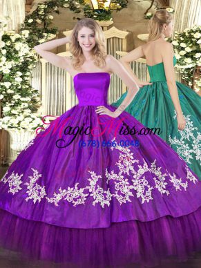Modest Sleeveless Organza and Taffeta Floor Length Zipper Quinceanera Dresses in Purple with Embroidery