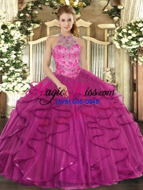 Pretty Halter Top Sleeveless Lace Up Ball Gown Prom Dress Fuchsia Tulle