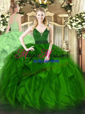 Luxury Green Sleeveless Beading and Ruffles Floor Length Vestidos de Quinceanera