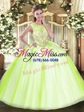 Yellow Green Ball Gowns Beading and Appliques Quinceanera Dresses Zipper Tulle Sleeveless Floor Length